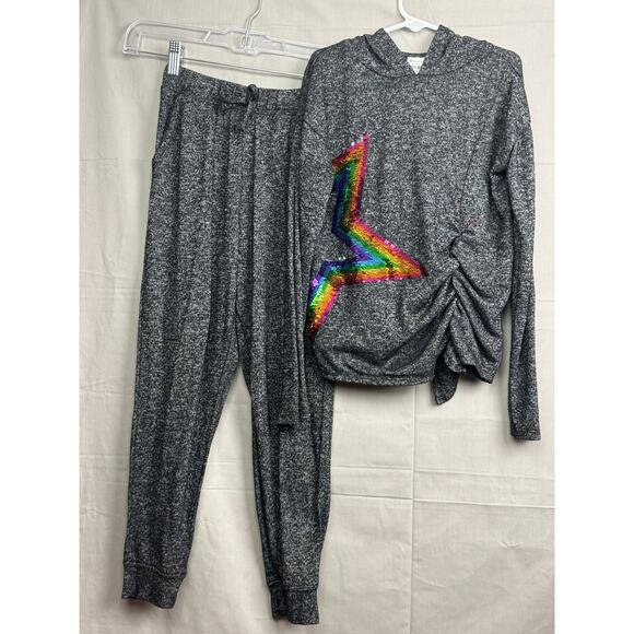Girls Hoodie Jogger 2-Piece Set Gray Rainbow Sequin Star Outfit, Size 7/8 - Picture 1 of 8